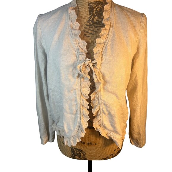 Womens Lace Ruffle Trim Tie Front Cardigan Sweater Long Sleeve Cream Size PL - Picture 5 of 5